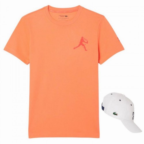 Pack Camiseta Lacoste Novak Djokovic Naranja y Gorra Blanco